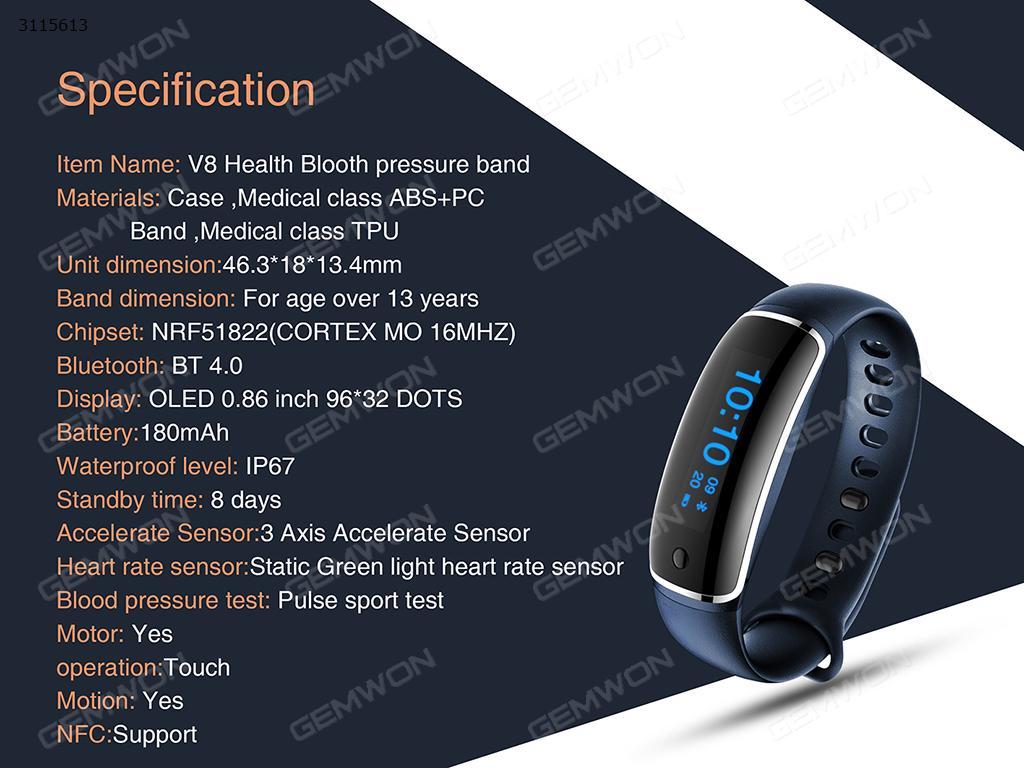 V8 Smart Bracelet, Blood pressure monitoring, heart rate monitoring, counting, ranging, and synchronization to Facebook, twitter, QQ, black Other V8 SMART BRACELET