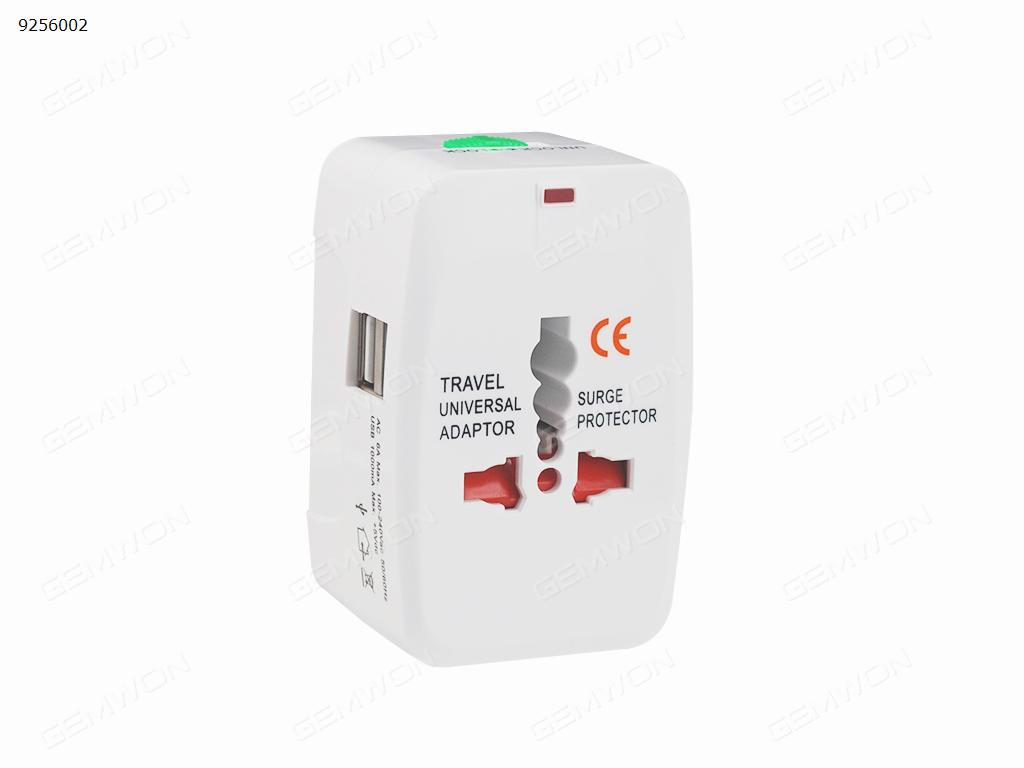 Picture of Travel universal adaptor,4 in 1 charger，EU , UK, US, AU, 2USB ， 6A,100-240V. 1000MA MAX.5V dc. WHITE
