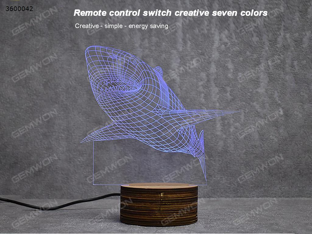 Shark 3D wooden bottom remote base creative small night lights(RM-002)USB power supply remote control type，3 d effect, seven kinds of color, suitable for bedroom, living room and other places Decorative light RM-002