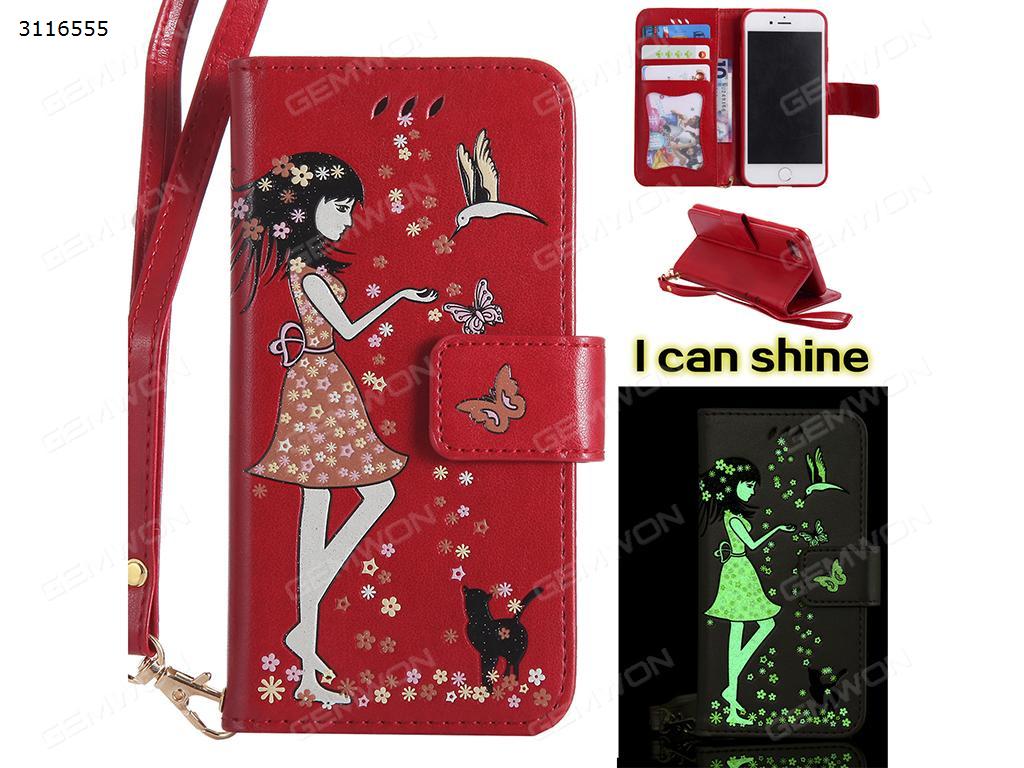 iphone 6 Plus Luminous leather case, Cartoon girl embossed luminous strap cover, Red Case iphone 6 Plus Luminous leather case