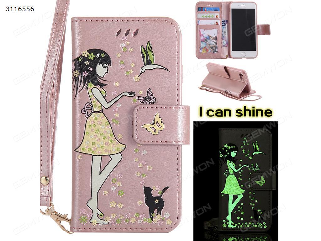 iphone 6 Plus Luminous leather case, Cartoon girl embossed luminous strap cover, Pink Case iphone 6 Plus Luminous leather case