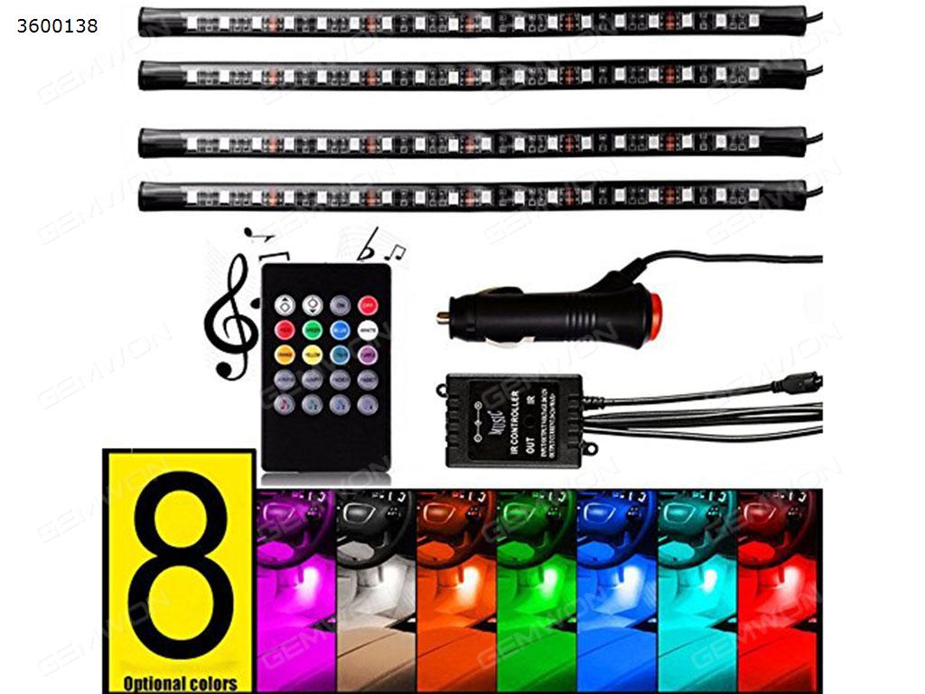 LED car atmosphere light（5050RGB）， a drag four 60 lights 5 V，multicolor music car interior light LED under dash lighting kit with sound active function and wireless remote control, car charger included Decorative light 5050RGB