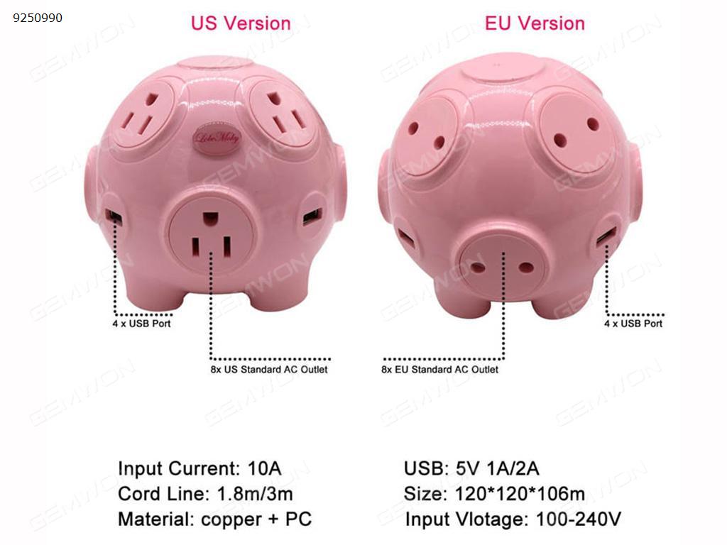 Pig socket multi-socket with USB   pink  US USB HUB N/A