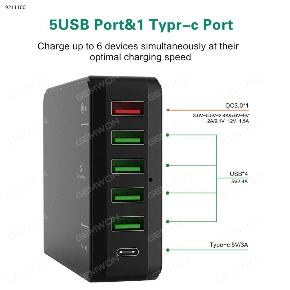 6 Ports USB wall charger ,Type-c 5V-3A, Quick charger,input 100-240v 50/60hz ,5v-8A MAX ,5 Ports USB ,1 TYPE-C ,UK Black Audio & Video Converter N/A