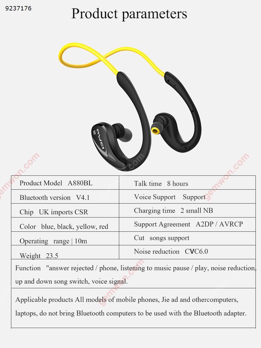 AWEI A880BL Bluetooth 4.0 Wireless Waterproof Sports Headphones Subwoofer Comfortable and wear-resistant AIR Soundproofing NFC speed matching (black) Headset A880BL