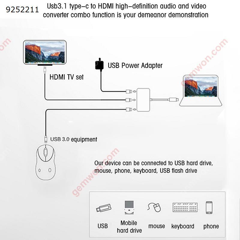 Type-C USB 3.1 Male to USB3.0/HDMI/Type C Female Charger Adapter. Gold Audio & Video Converter N/A