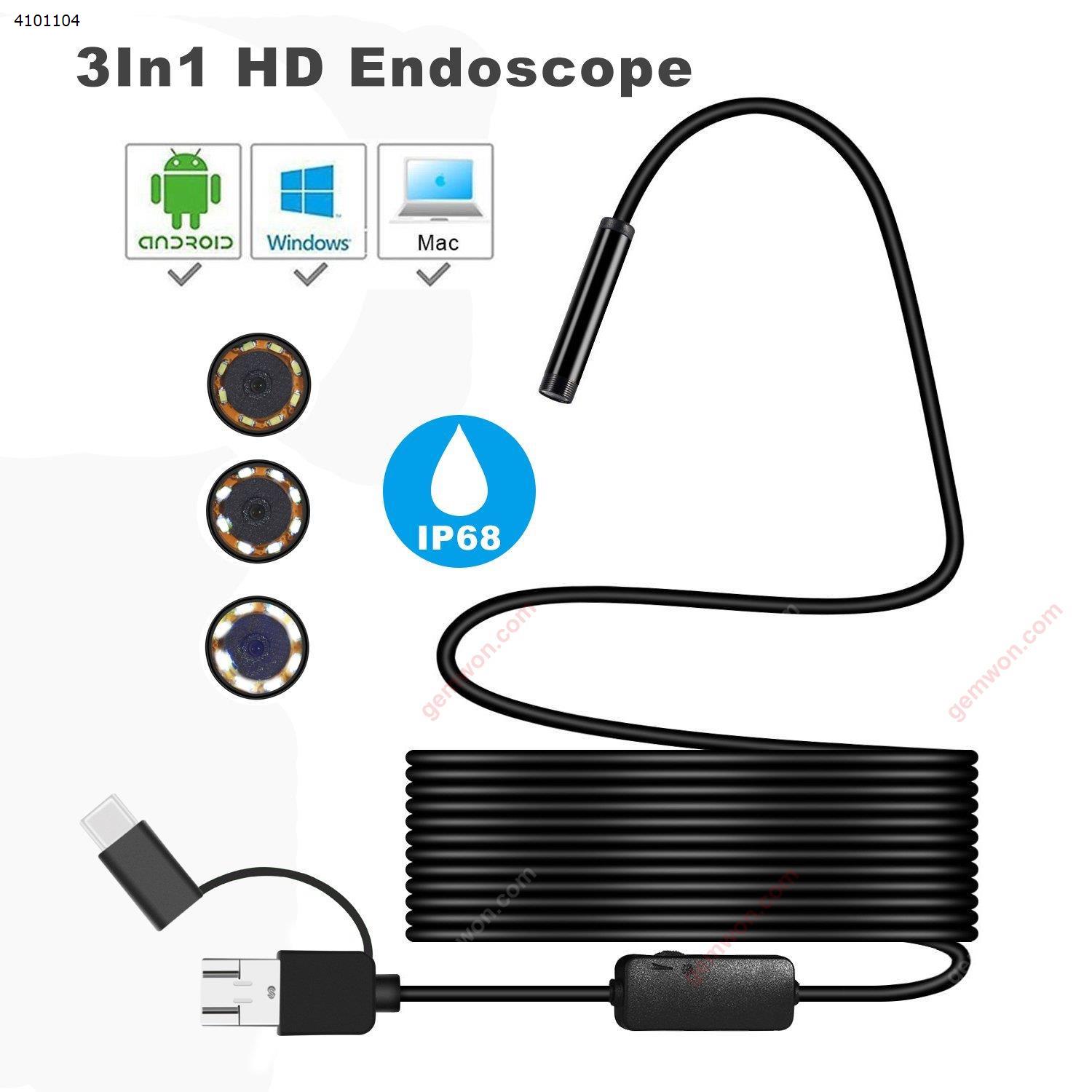 USB Endoscope, 3 in 1 Semi-rigid Type C Borescope Inspection Camera, 7mm Waterproof Snake Camera with 6 Adjustable Led for Android, Tablet, PC & Macbook - Inspecting Hard-to-reach Place Now!（1M) Repair Tools TC371