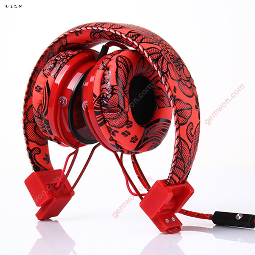 E19 flower stripe Head-mounted computer earphone cable control with music eat chicken earphone computer universal red Headset E19