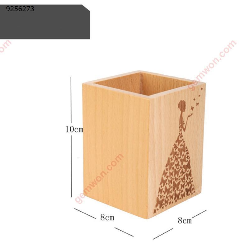 Simple Solid Wood Pen Holder Decoration, Beech Wood Products, Creative Pattern Design, Multi-function Sundries Storage, Square, Laser Engraving, Wood Color,Patterns Available:Wedding Girl Office Products N/A