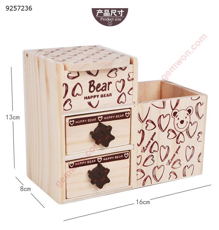 Cute Bear Pattern Wood Pencil Pen Holder Organizer Double Drawers Storage Box for Desk Desktop Stationery School Office Supplies  Office Products N/A