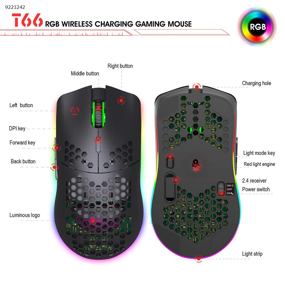 Mouse 2.4G Wireless MOUSE Lightweight Design Honeycomb RGB Luminous 6 Button Mouse T66 Black Other T66