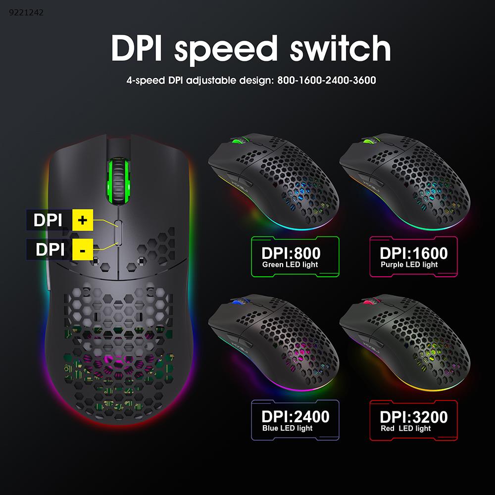 Mouse 2.4G Wireless MOUSE Lightweight Design Honeycomb RGB Luminous 6 Button Mouse T66 Black Other T66