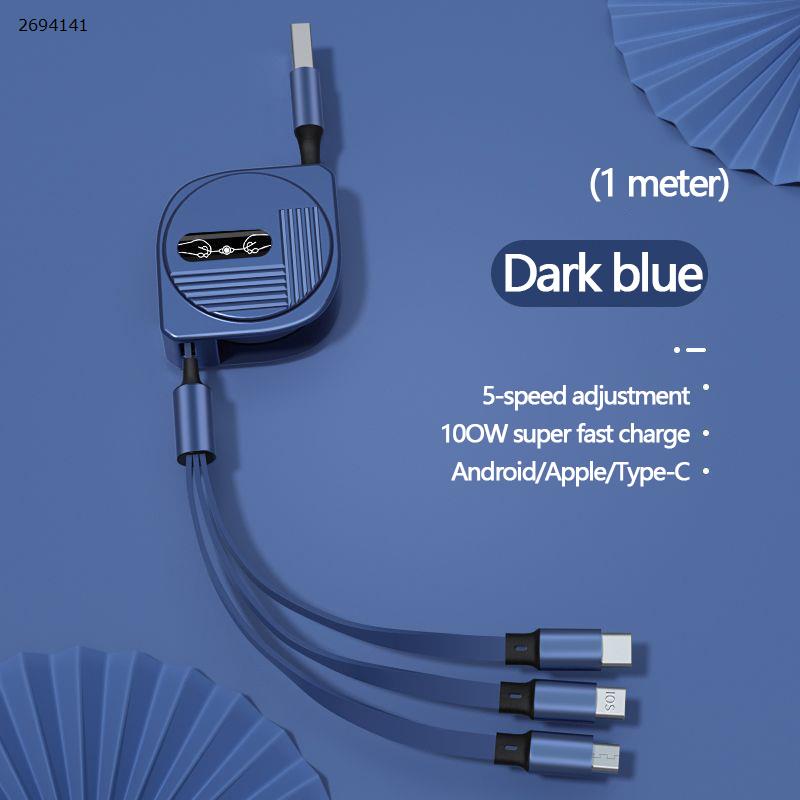 Lunar telescopic 100W one-to-three fast charging data cable for Android Apple TYPE-C three-in-one charging cable blue Charger & Data Cable XKS-87