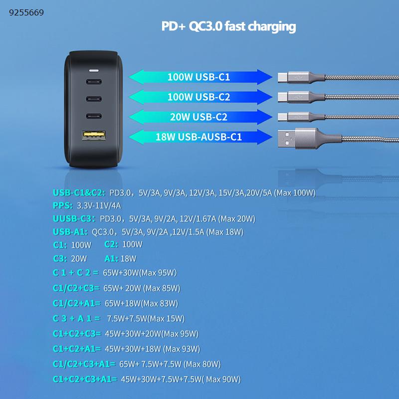 100W GaN 3C+1A Gallium Nitride Charger Supports iPhone 13 Mobile Phone and Tablet Multi-socket Fast Charge at the Same Time White Charger & Data Cable 100W 3C+1A