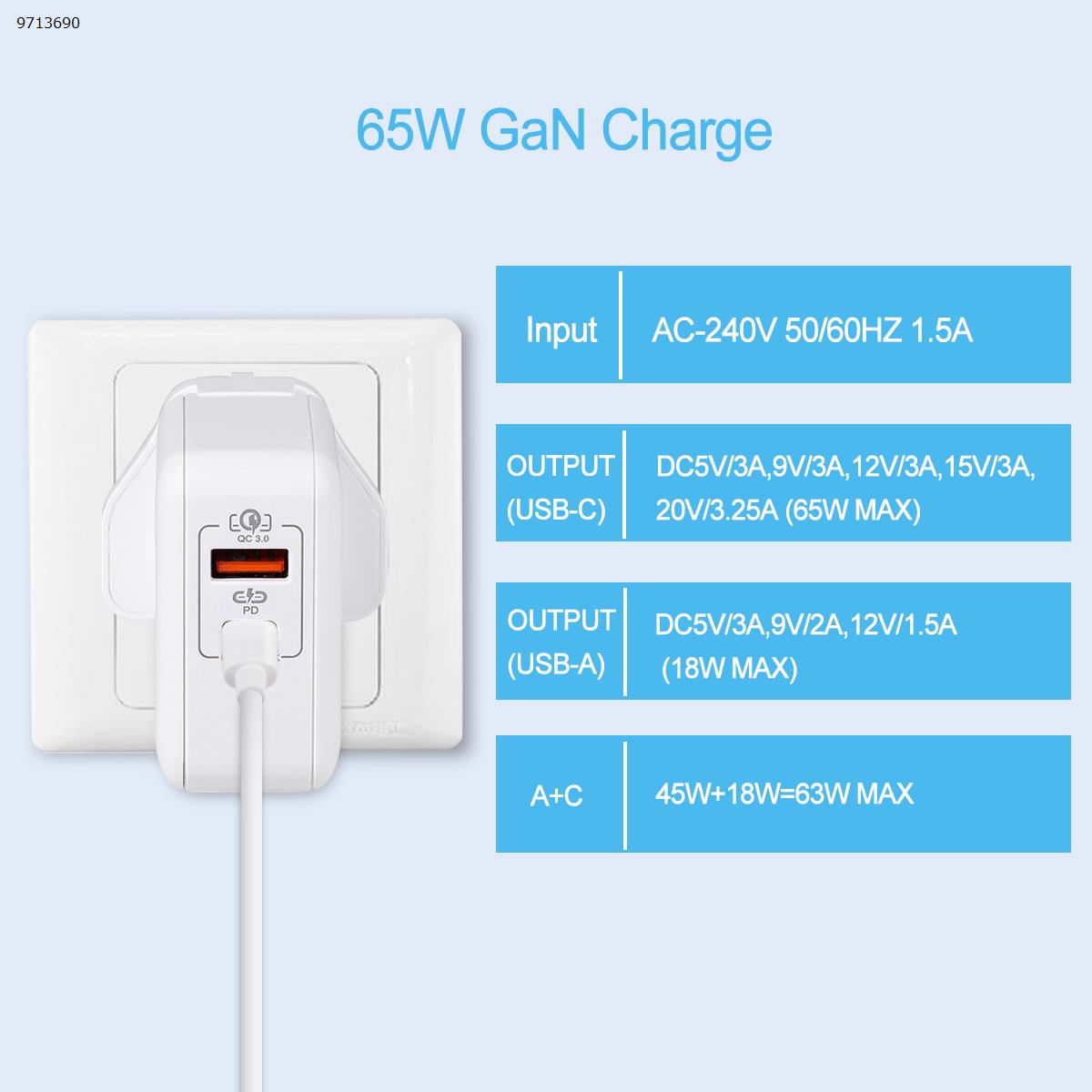 Samsung Type C charger 65W GaN charger 1C1A, US Plug & UK Converter Adapter, PD fast charging suitable for Type C Mobile Phone, tablet, notebook Charger & Data Cable US UK 65W 1m