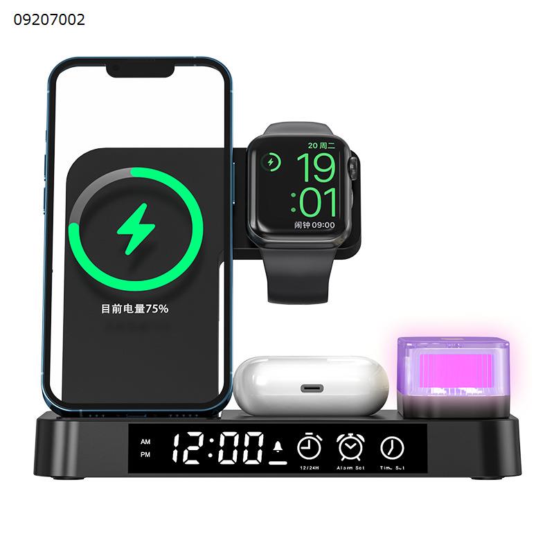 Black 5 in 1 Qi certified QC3 fast Wireless Charge station with Alarm clock RGB night light, compatible for iPhone14/13/12/11/X/8, Samsung S22/21/20/9/8/7/6,Note 20/10/9/8/5,iWatch Series Airpods Mobile Phone Mounts & Stands A37