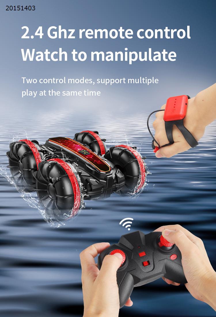 [Red] Double side stunt remote control amphibious tumbling rotary remote control stunt Amphibious beach toy 1:16 toy car  1203J