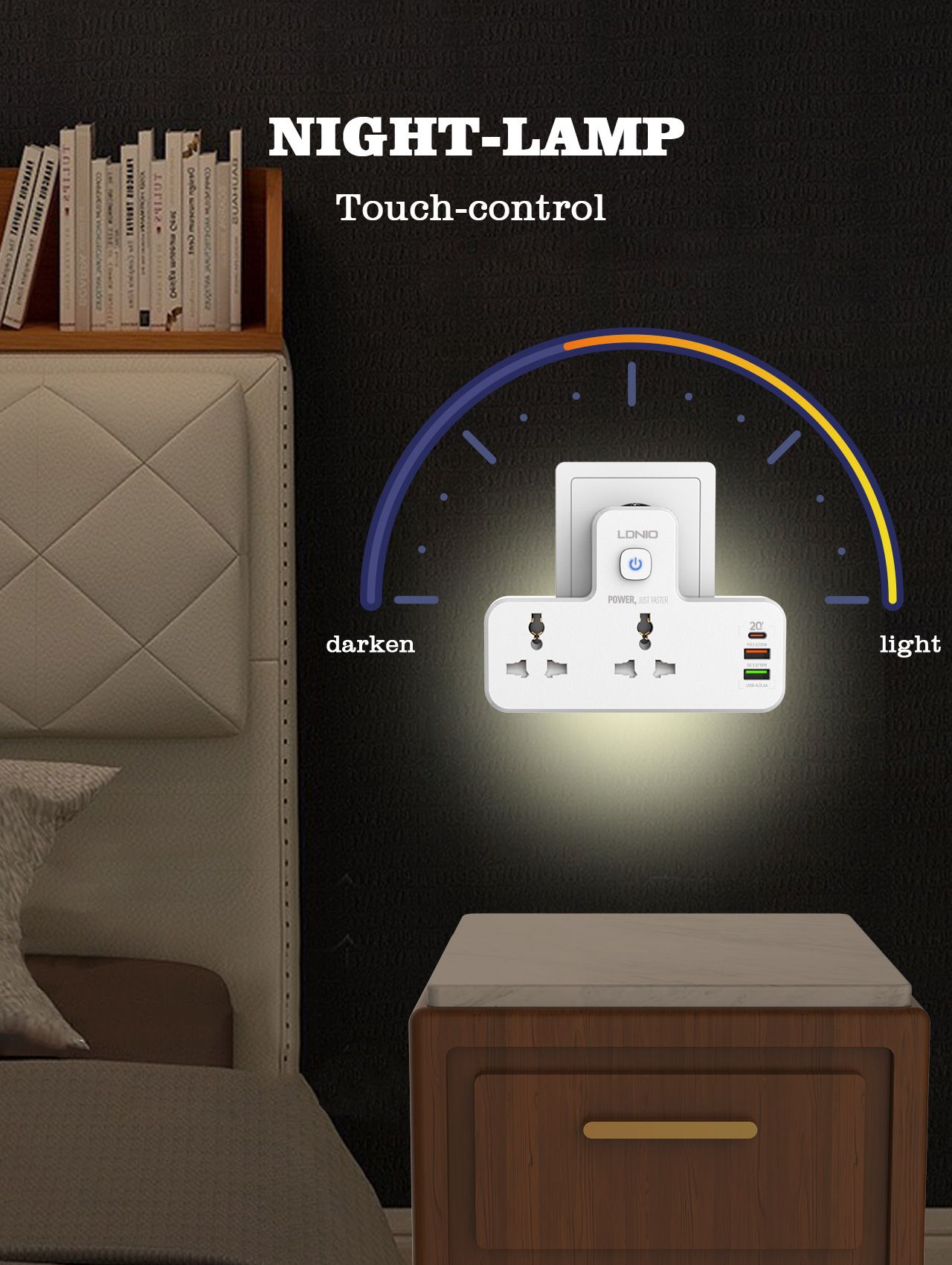 USB wireless strip power socket with light multi-function converter Mobile tablet fast charge LED night light 850° Safety and flame retardant 1*TYPE-C PD3.0/20W 1*USB-A/QC3.0/18W 1*USB-A/2.4A European standard  SC2311