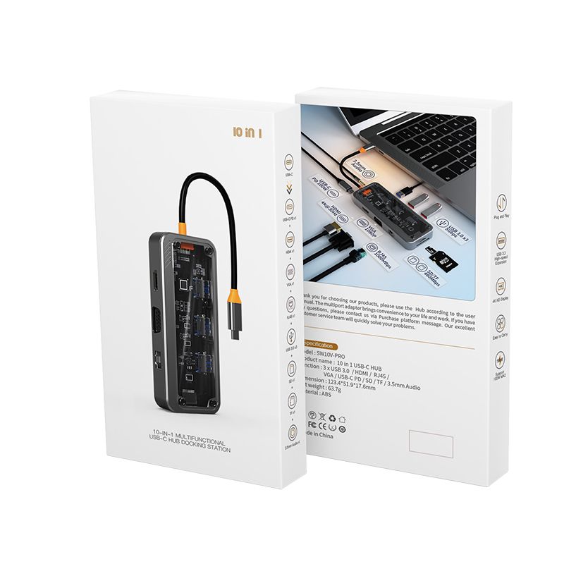 usb c hub 10 in 1 docking station Type-C to PD HD-MI USB3.0*3 SD TF ethernet RJ45 1000M VGA AUDIO3.5mm audio  SW10V Pro