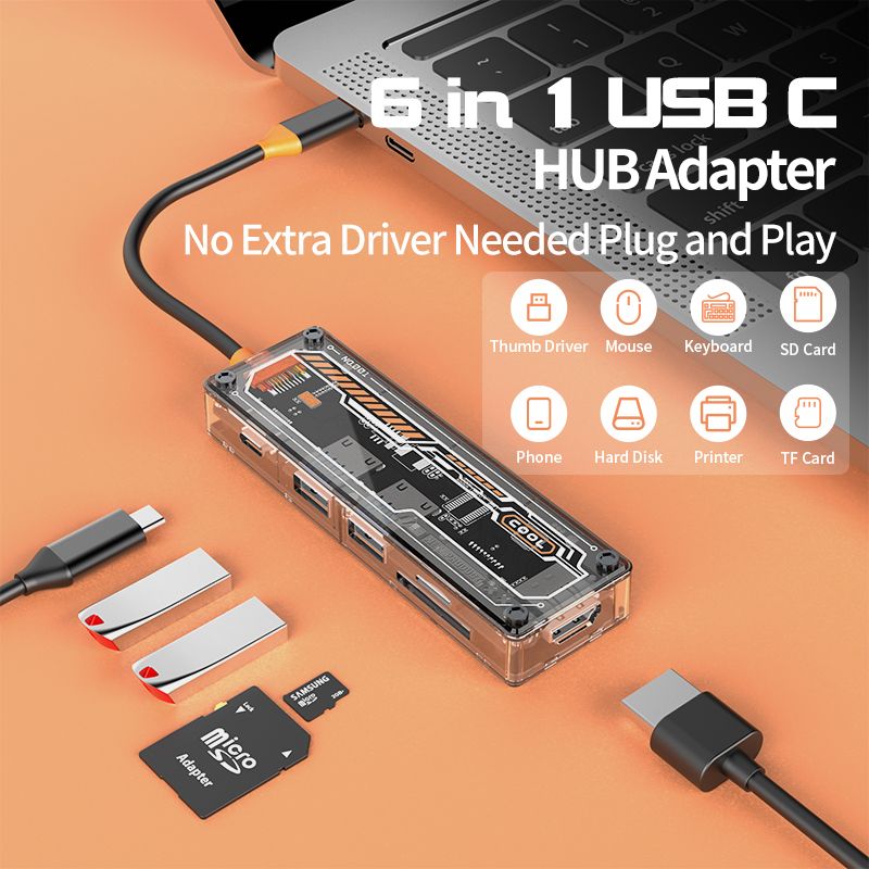 usb c hub 6 in 1 Type-C to USB3.0 USB2.0 HD-MI USB-C PD3.0 Data2.0 SD TF hub docking station for macbook  SW6H