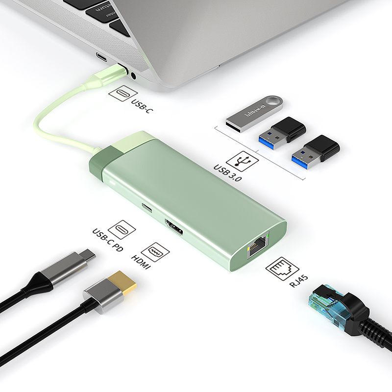 [Green] hub usb 6 in 1 usb c hub Type-C to PD 100W USB3.0*3 HD-MI RJ45 1000M Gigabit Ethernet port type c hub  BS6A