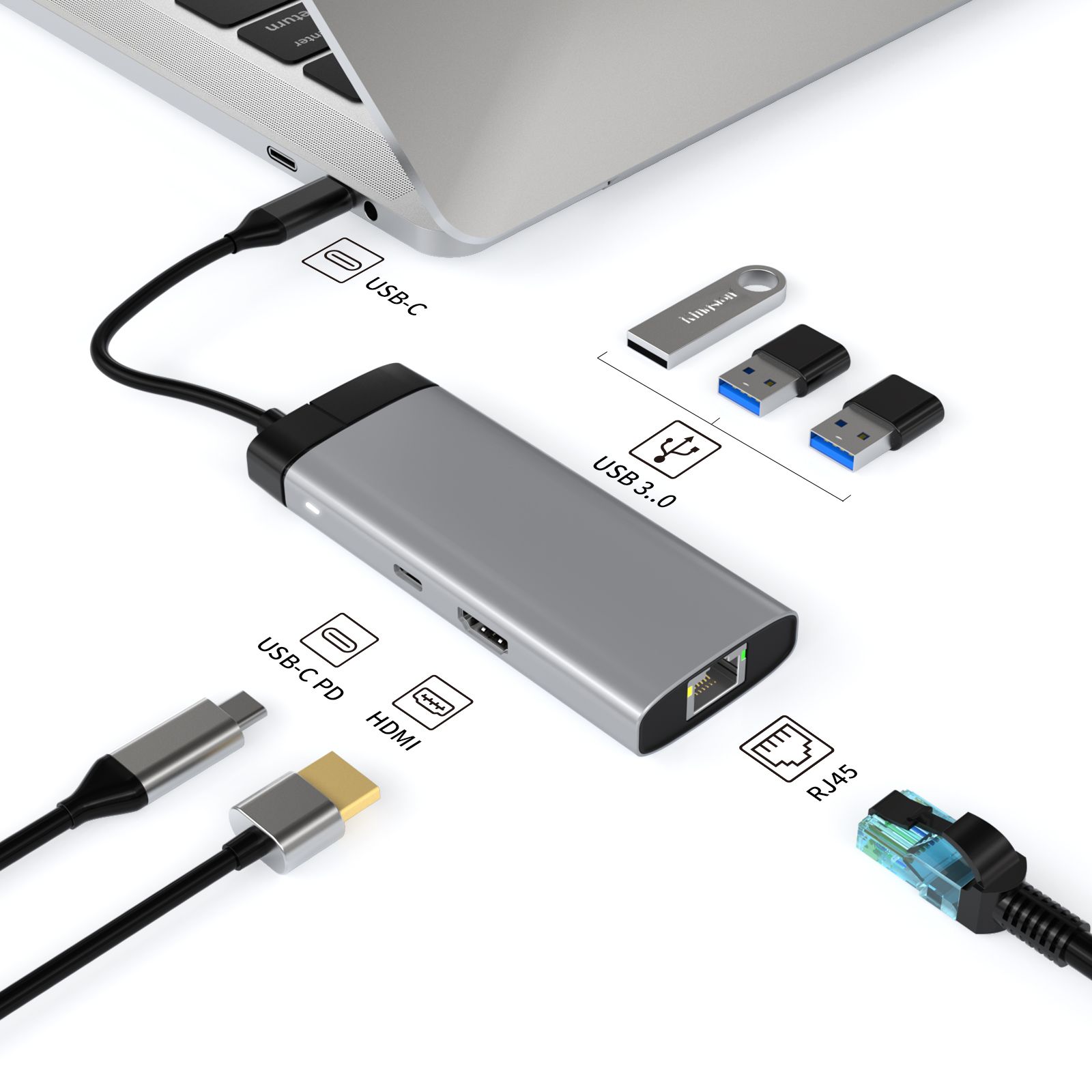 [Grey] hub usb 6 in 1 usb c hub Type-C to PD 100W USB3.0*3 HD-MI RJ45 1000M Gigabit Ethernet port type c hub  BS6A