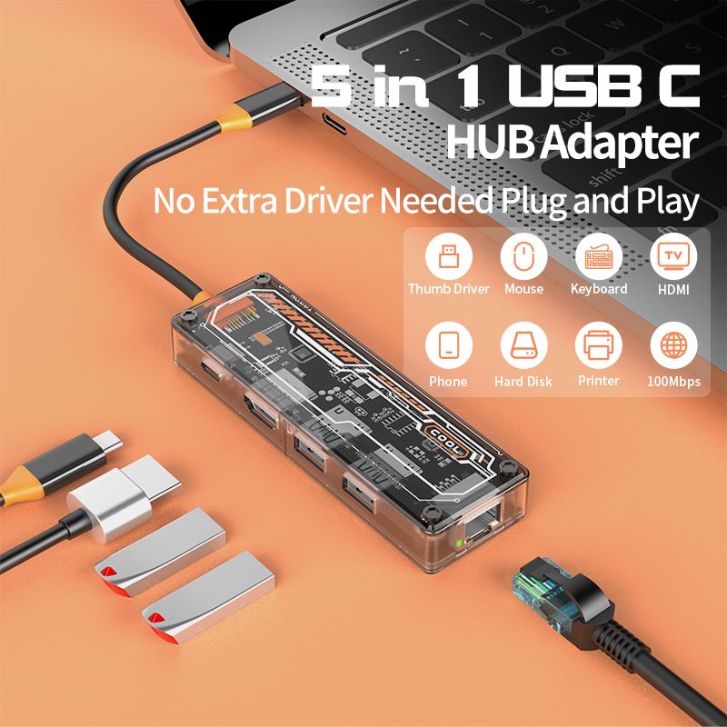 usb c hub 5 in 1 Type-C to USB3.0+USB2.0+HD-MI+USB-C PD3.0+Data2.0+RJ45 for macbook  SW5R