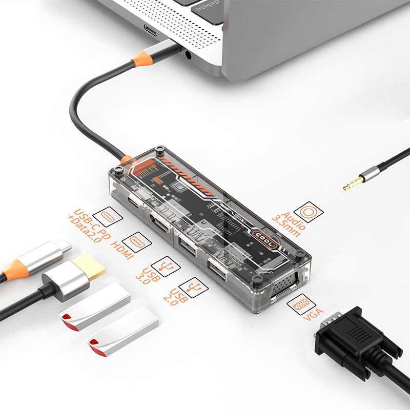 6 in 1 usb c hub Type-C to USB3.0 USB2.0 HD-MI VGA USB-C PD3.0 Data2.0 3.5mm Audio hub docking station for macbook  SW6V