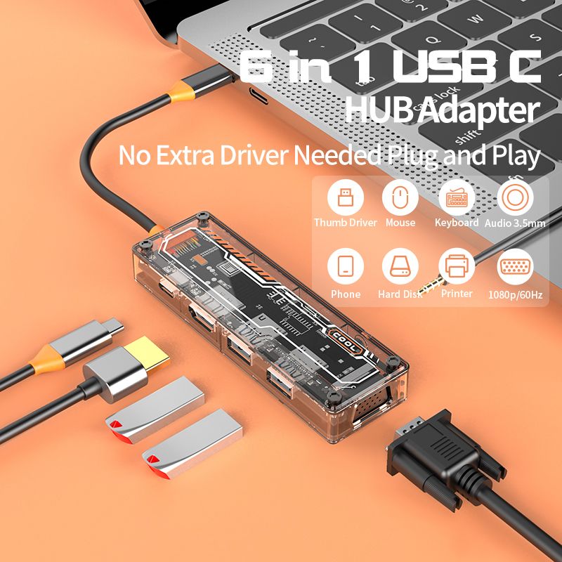 6 in 1 usb c hub Type-C to USB3.0 USB2.0 HD-MI VGA USB-C PD3.0 Data2.0 3.5mm Audio hub docking station for macbook  SW6V