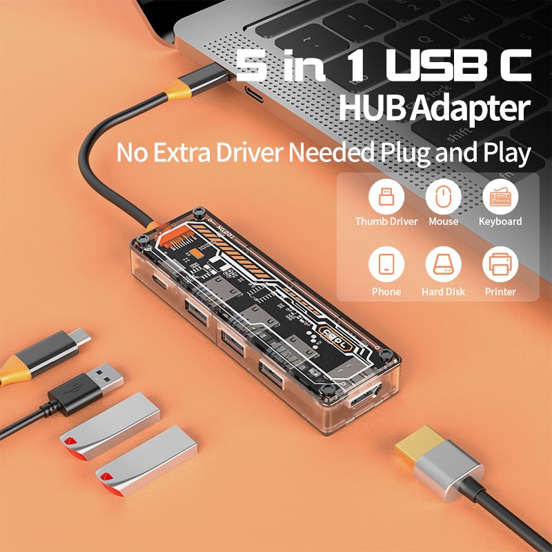 Type-c hub 5 in 1 usb c hub USB3.0+USB2.0*2+HD-MI+USB-C PD3.0+Data2.0 for macbook  SW5H