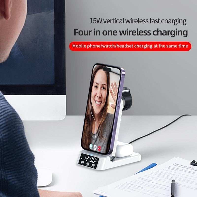 White 3 in 1 Qi certified QC3 fast Wireless Charge station with Alarm clock, compatible for iPhone14/13/12/11/X/8, iWatch Series and Airpods 3/2 Pro Mobile Phone Mounts & Stands A60