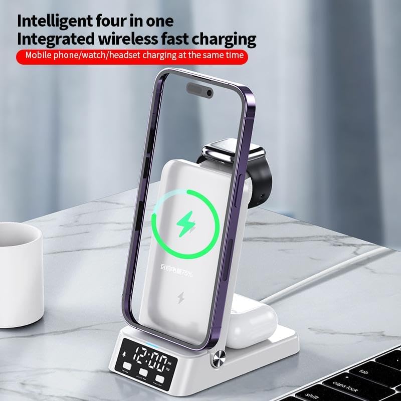 White 3 in 1 Qi certified QC3 fast Wireless Charge station with Alarm clock, compatible for iPhone14/13/12/11/X/8, iWatch Series and Airpods 3/2 Pro Mobile Phone Mounts & Stands A60