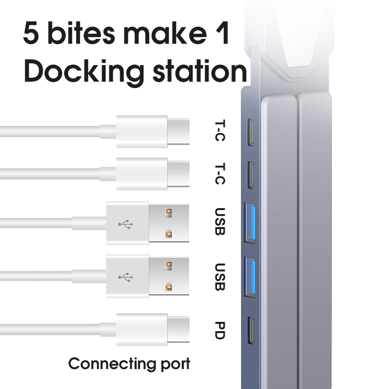 [XY1-1 Gray] X-type laptop stand 5 in 1 expansion dock aluminum alloy stand increase folding cooling dock USB stand TYPE-C*2, USB*2, PD*1  XY1