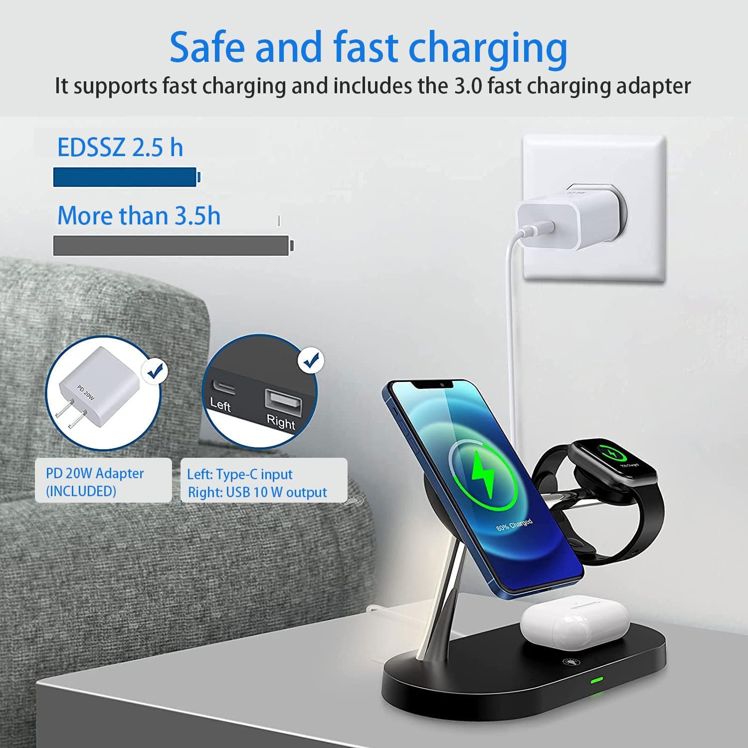 Black 15W 5 in 1 Fast Charging Station ，Magnetic Wireless Charger, Compatible with Mag-Safe Charger,Charging Stand with QC3.0 Adapter for iPhone 12, Pro, Pro Max, Mini, Apple Watch2-6/SE and AirPods Mobile Phone Mounts & Stands T268