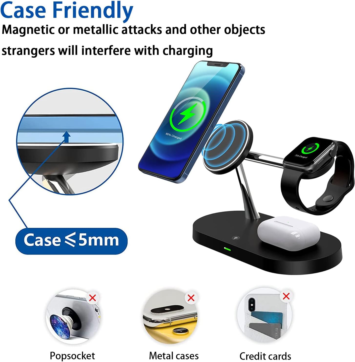 Black 15W 5 in 1 Fast Charging Station ，Magnetic Wireless Charger, Compatible with Mag-Safe Charger,Charging Stand with QC3.0 Adapter for iPhone 12, Pro, Pro Max, Mini, Apple Watch2-6/SE and AirPods Mobile Phone Mounts & Stands T268