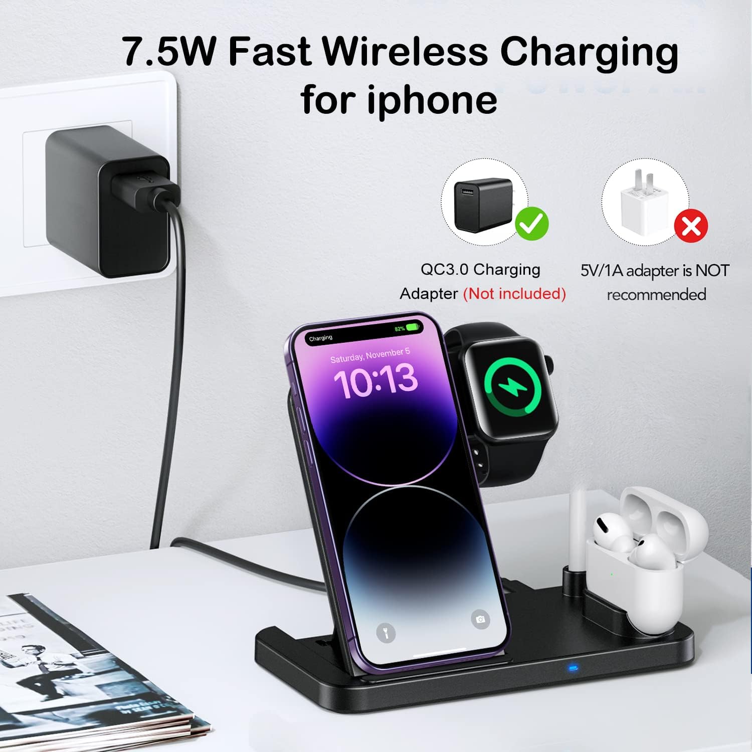 Black 4 in 1 Wireless Charger, Apple Watch & AirPods & Pencil Charging Dock Station, Nightstand Mode for iWatch Series 8/7/6/5/4/3/2, Fast Charging for iPhone 14/13/12/11 Pro Max/XR/XS Max/Xs/X Mobile Phone Mounts & Stands W30