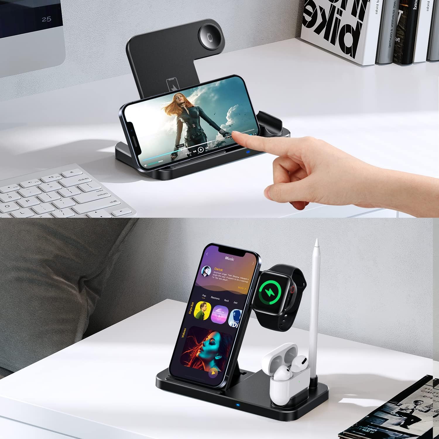 Black 4 in 1 Wireless Charger, Apple Watch & AirPods & Pencil Charging Dock Station, Nightstand Mode for iWatch Series 8/7/6/5/4/3/2, Fast Charging for iPhone 14/13/12/11 Pro Max/XR/XS Max/Xs/X Mobile Phone Mounts & Stands W30