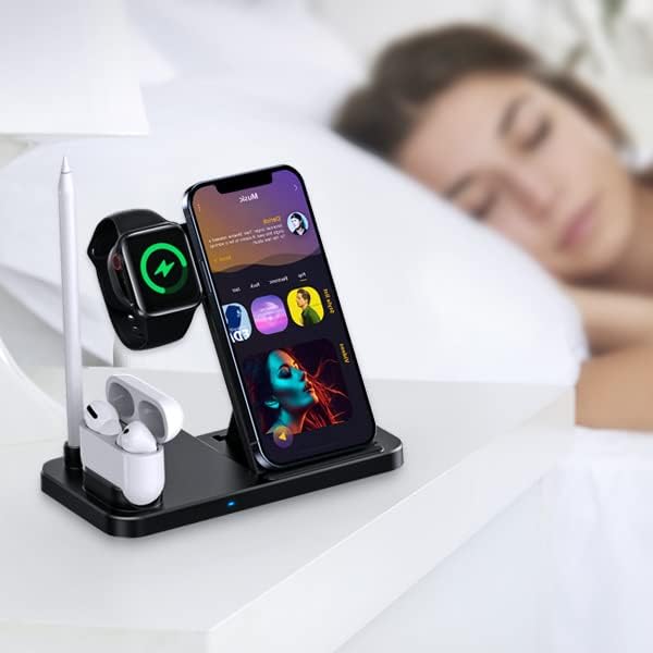 Black 4 in 1 Wireless Charger, Apple Watch & AirPods & Pencil Charging Dock Station, Nightstand Mode for iWatch Series 8/7/6/5/4/3/2, Fast Charging for iPhone 14/13/12/11 Pro Max/XR/XS Max/Xs/X Mobile Phone Mounts & Stands W30