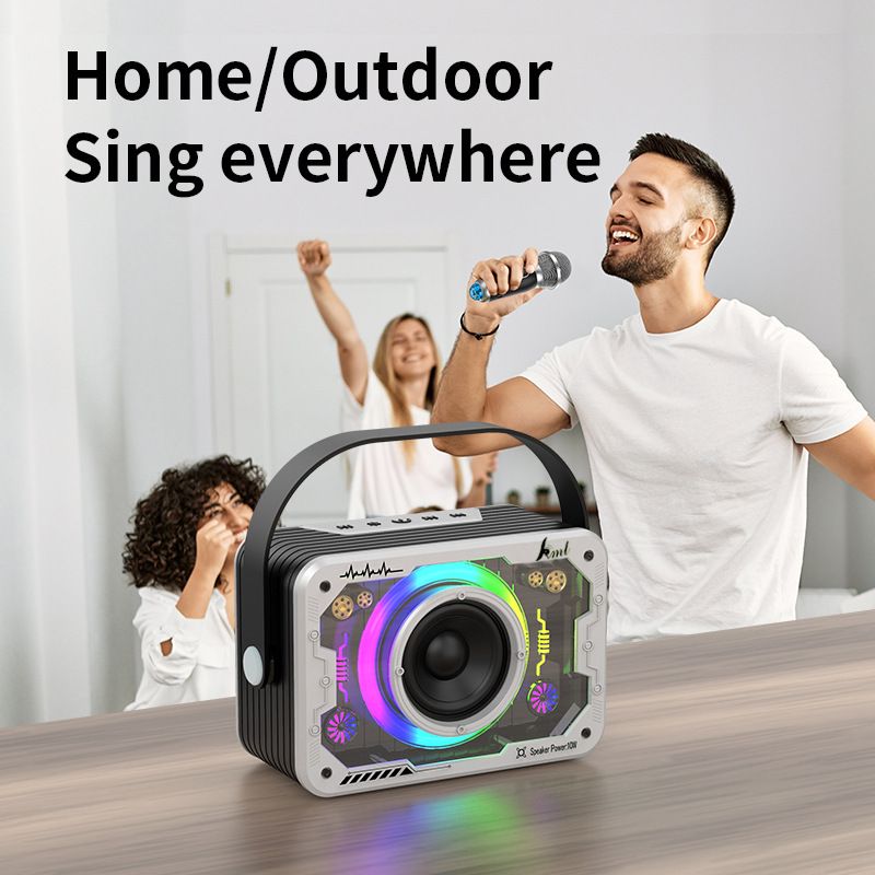 [Silvery] Mecha Bluetooth speaker home wireless K song sound microphone outdoor singing small family KTV set  V9