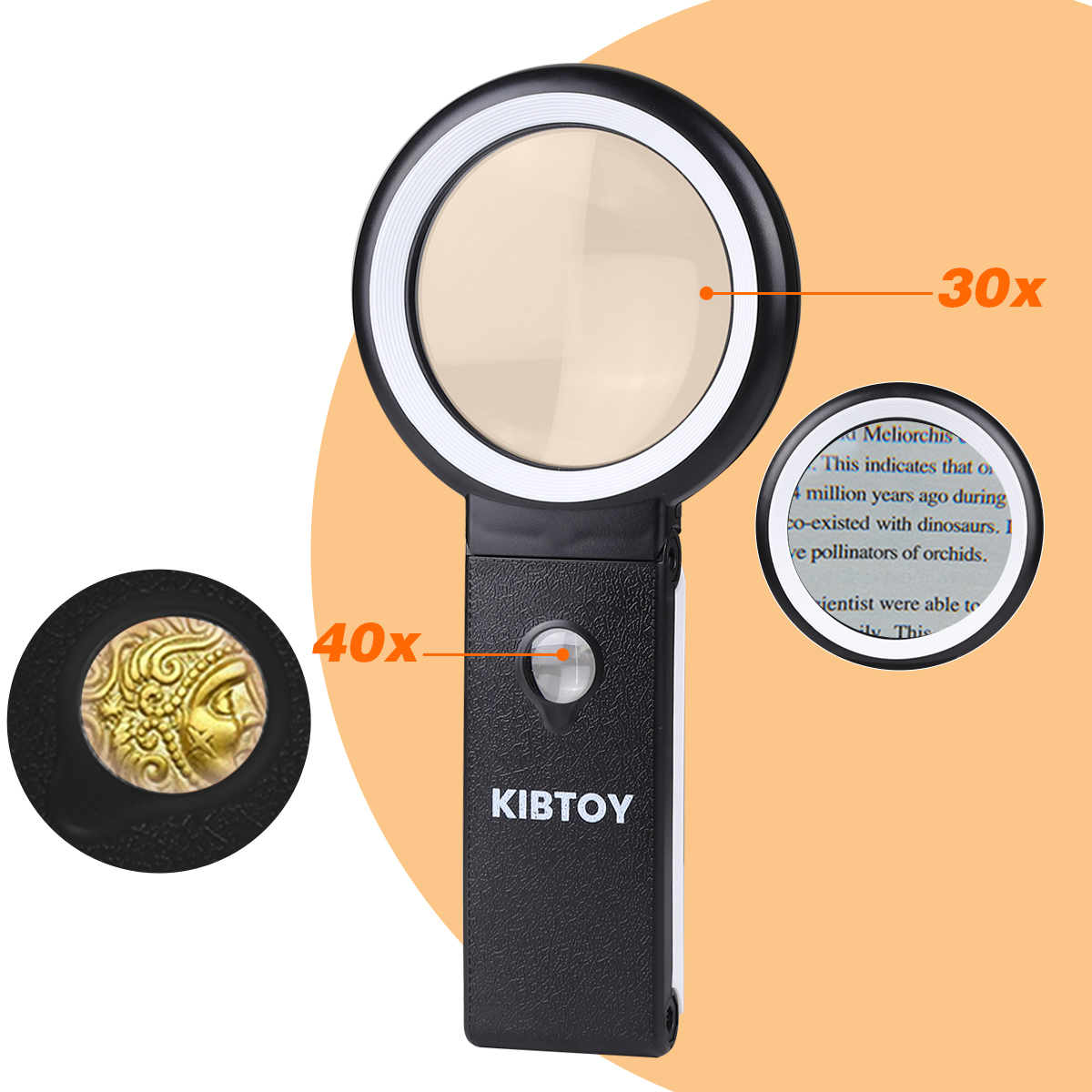 Black KIBTOY Magnifying Glass with Light and Stand, Foldable Handheld Magnifying Glass 18 LED Illuminated Lighted Magnifier for Macular Degeneration, Seniors Reading, Close Work, Coins, Jewelry L106-Black 30X40X  L106-Black