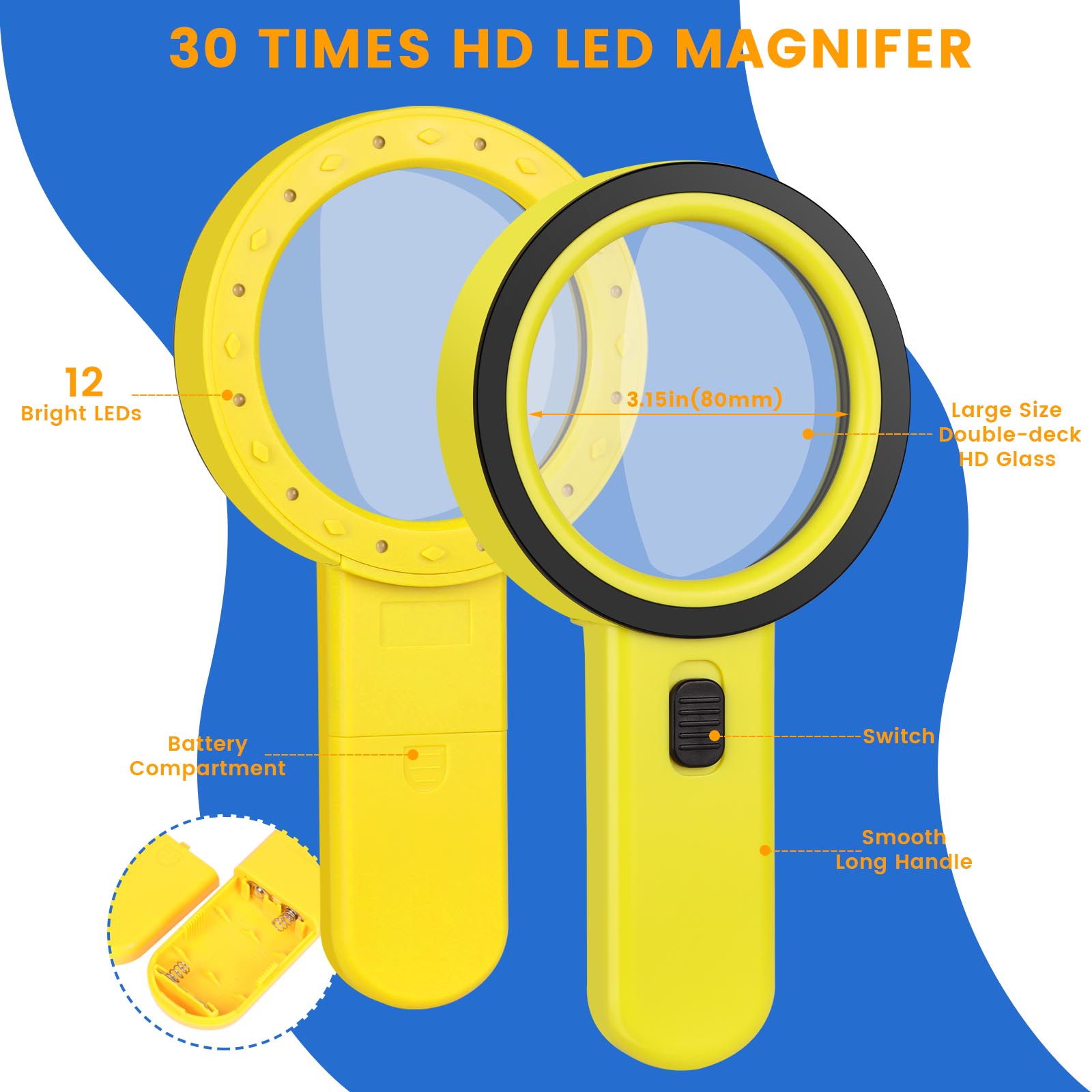 AIXPI Magnifying Glass with Light, 30X Handheld Large Magnifying Glass 12 LED Illuminated Lighted Magnifier for Macular Degeneration Seniors Reading Inspection Coins Jewelry  L102-Yellow Other L102-Yellow