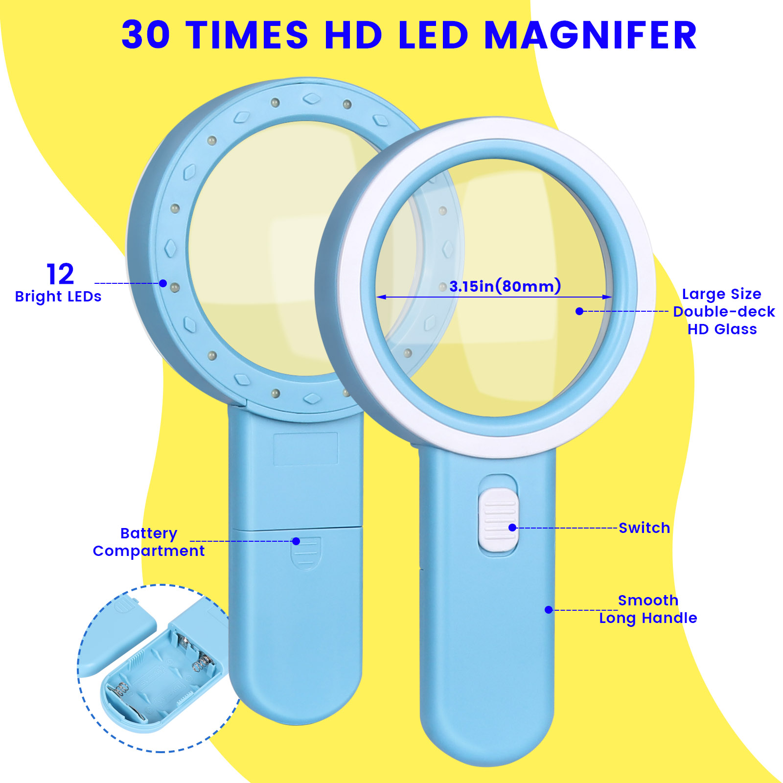 Blue AIXPI Magnifying Glass with Light, 30X Handheld Large Magnifying Glass 12 LED Illuminated Lighted Magnifier for Macular Degeneration Seniors Reading Inspection Coins Jewelry L102-Blue  L102-Blue