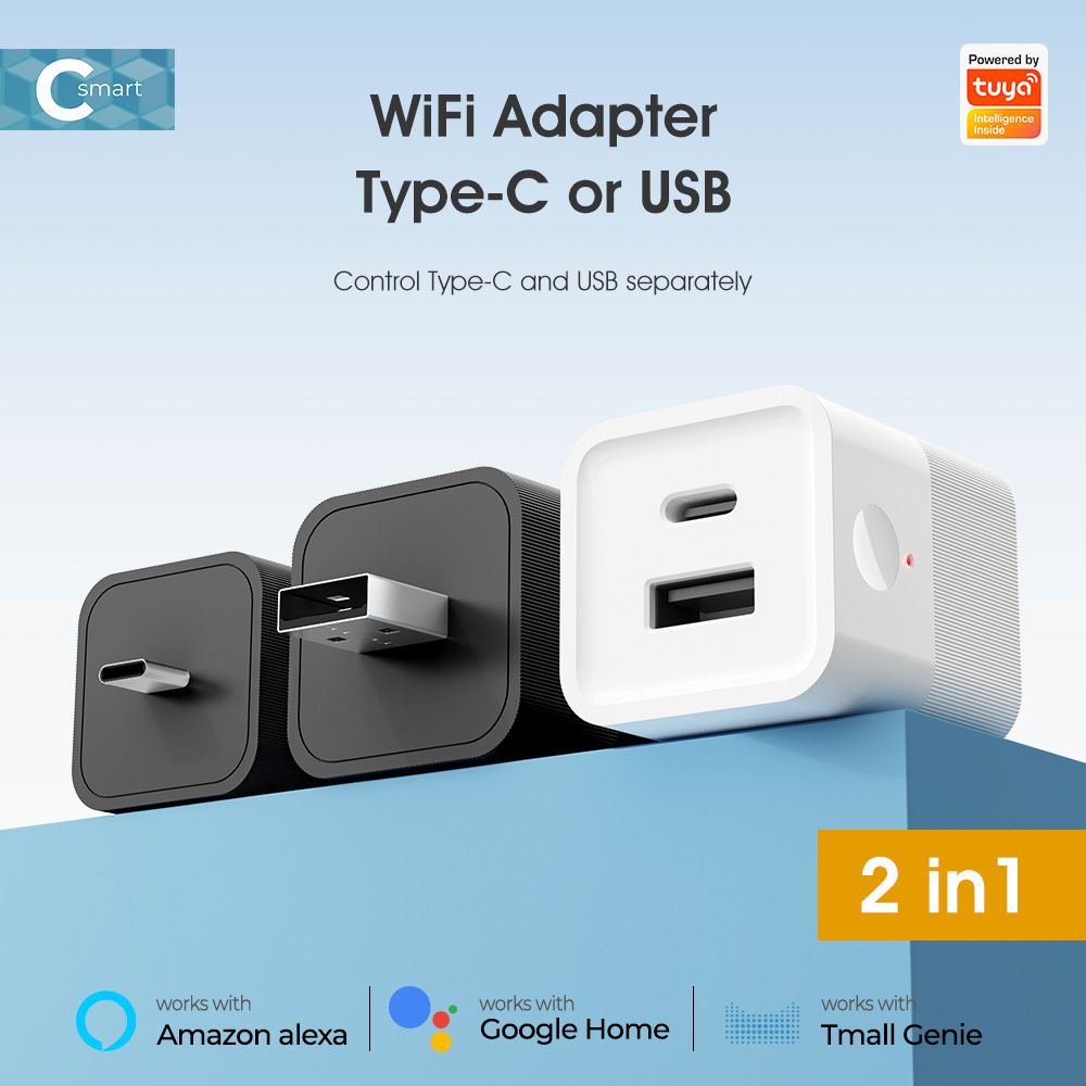 [C to USB+C black] TUYA app Wireless wifi smart power adapter conversion charging head USB+TYPE-C intelligent remote control switch  USB+C