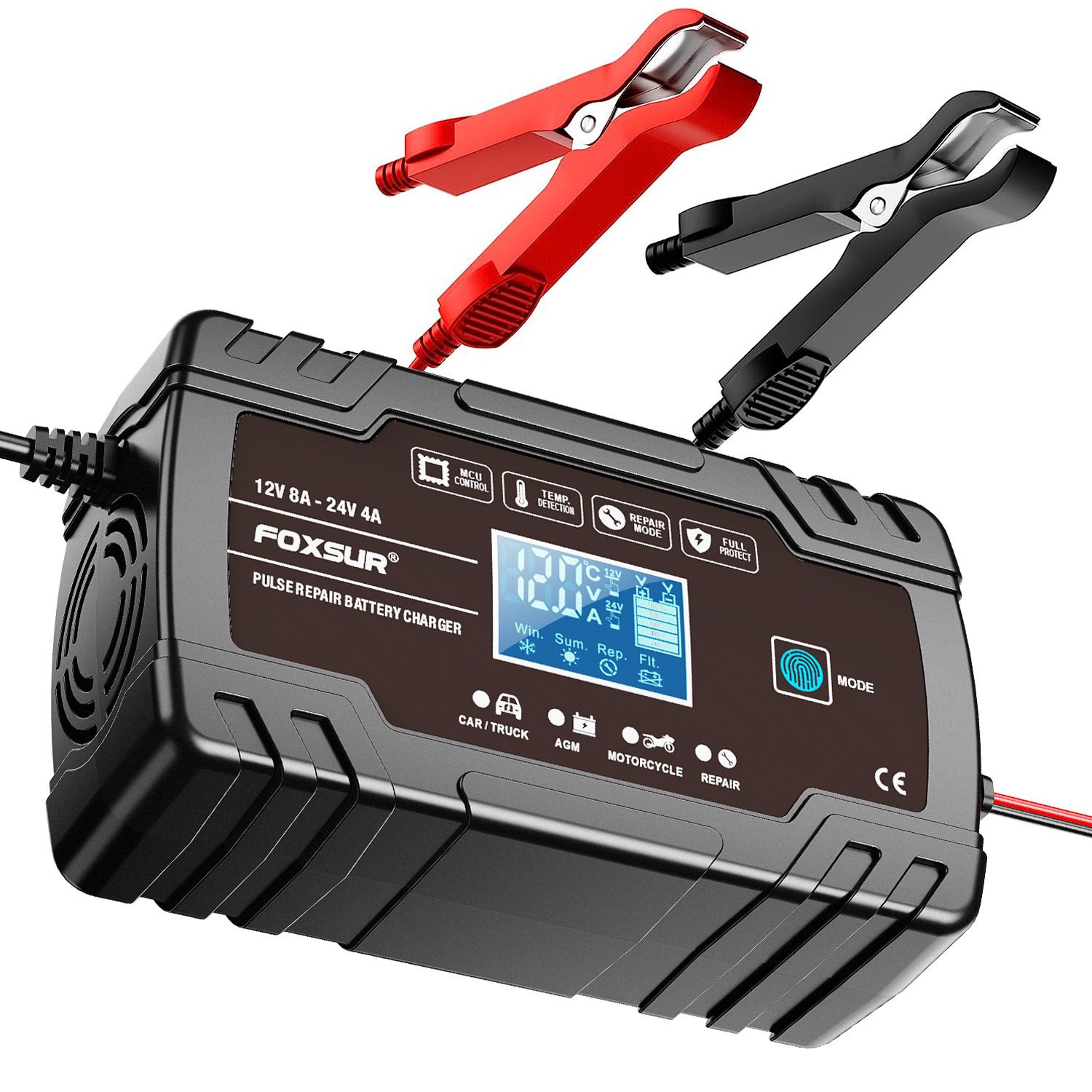 Black industrial style 12V 24V AGM charger, 8A motorcycle and car battery charger  FBC122408D