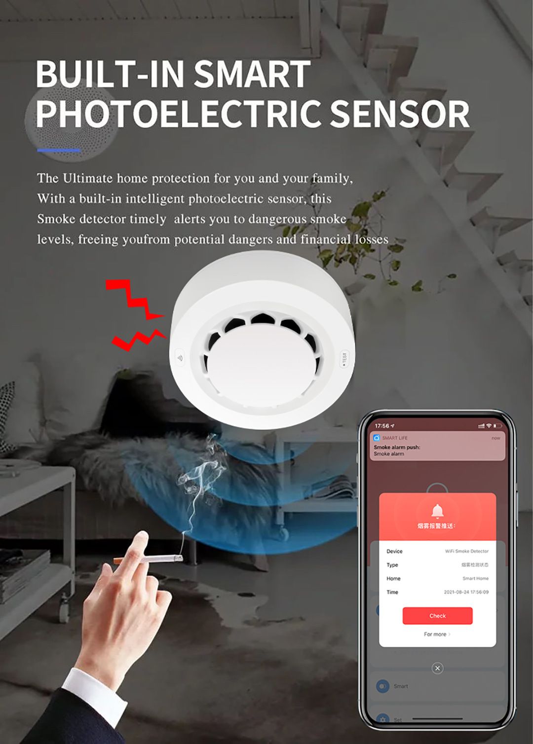 tuya wifi Smoke Sensor Tuya Smoke alarm Smoke alarm sensor Fire alarm Remote control high-pitched alarm super standby  WL-228WT