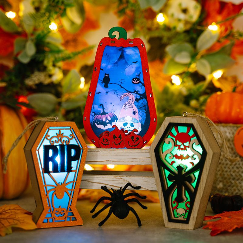 3PCS Halloween decorations with lights wooden pendant pumpkin spider wooden box scene decoration Other A+B+C