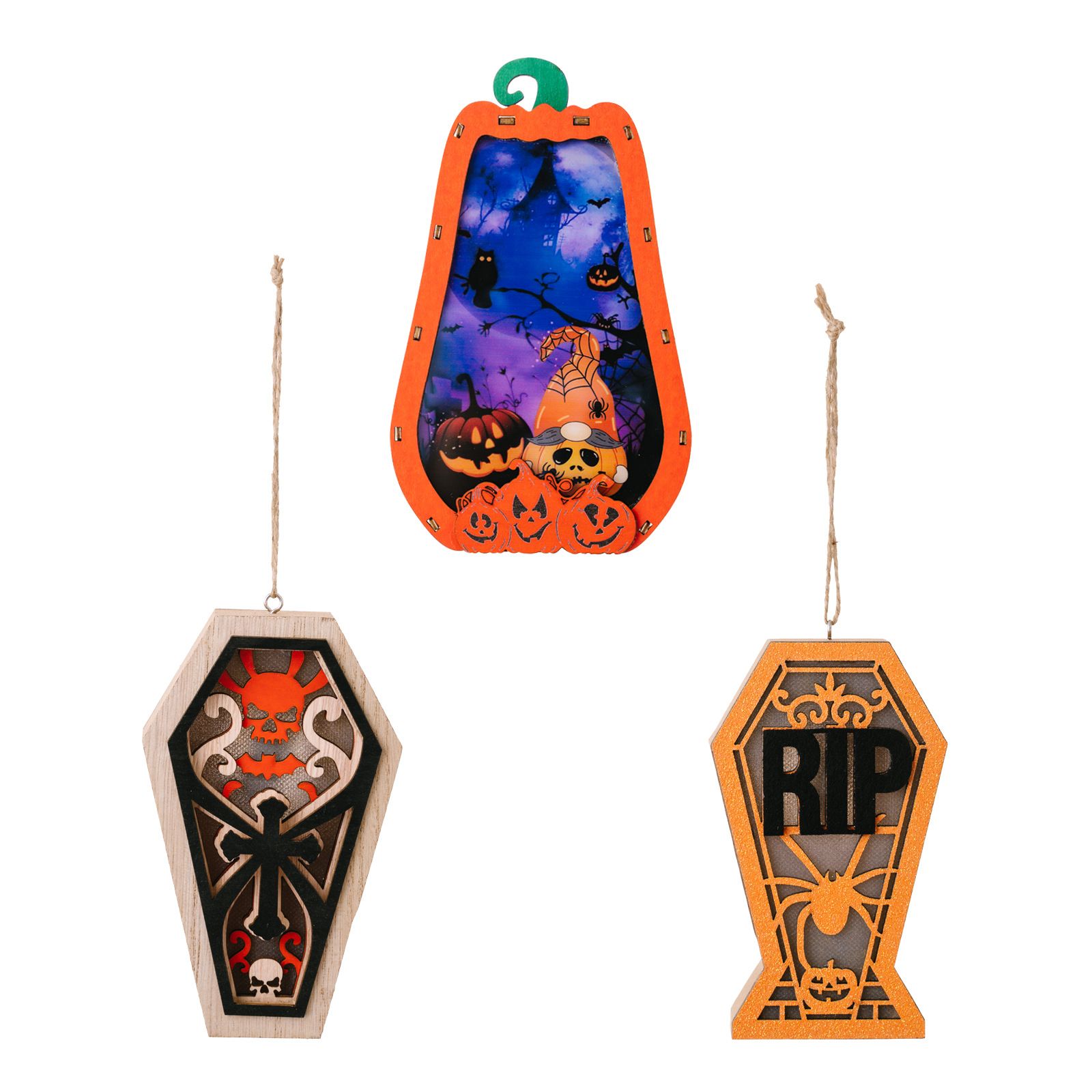 3PCS Halloween decorations with lights wooden pendant pumpkin spider wooden box scene decoration Other A+B+C