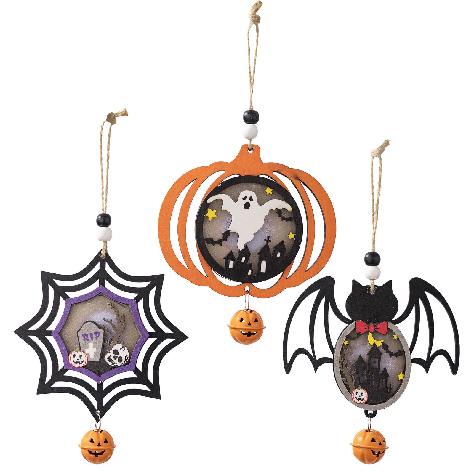 3PCS Halloween wooden pumpkin pendants with lights Decorate the glow scary pumpkin spider pendants in the ghost festival atmosphere Other A+B+C