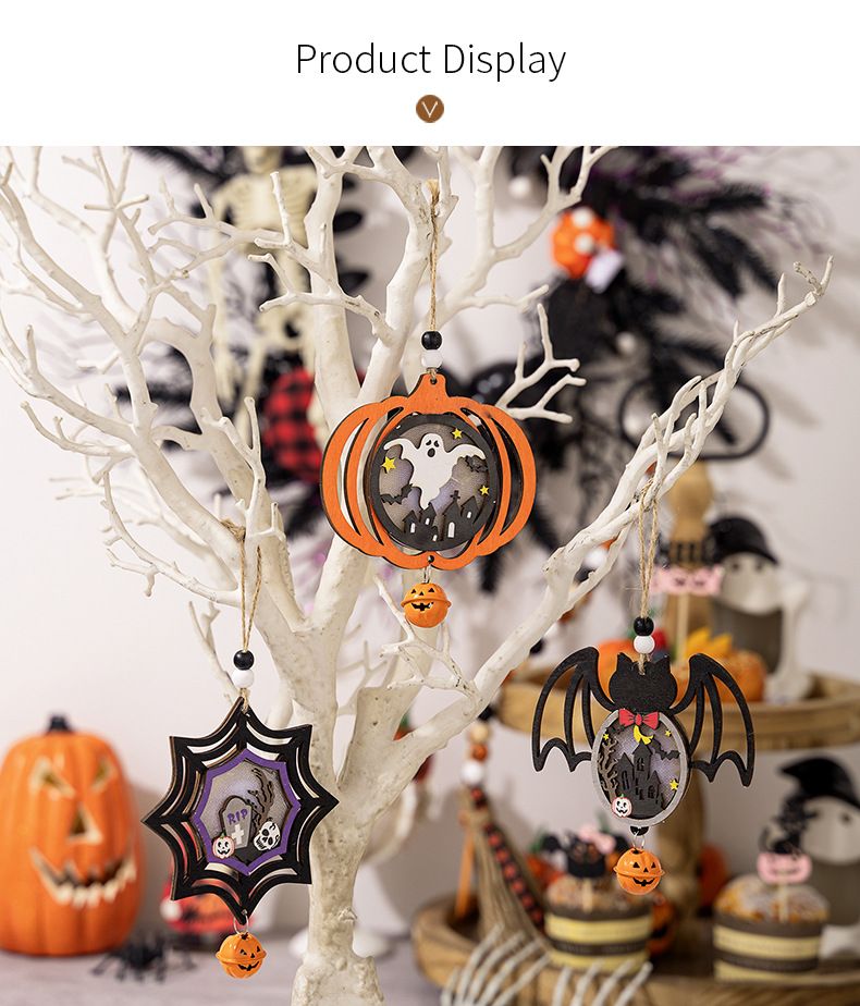 3PCS Halloween wooden pumpkin pendants with lights Decorate the glow scary pumpkin spider pendants in the ghost festival atmosphere Other A+B+C