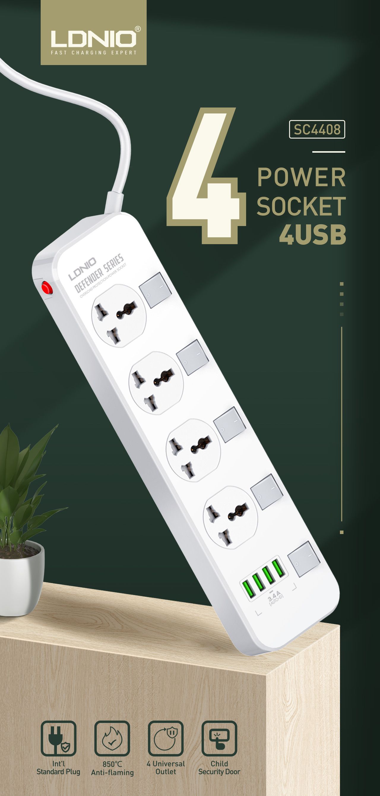 Independent switch universal strip USB power strip European standard American standard Expansion socket patch board Overload protection 2500W 5V/3.4A 4*USB-A 2 meter cable European standard  SC4408